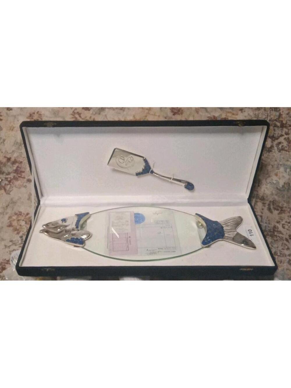 Glass Fish Platter set Silver-Tone Accents With Blue Lapis Verifying Documents
